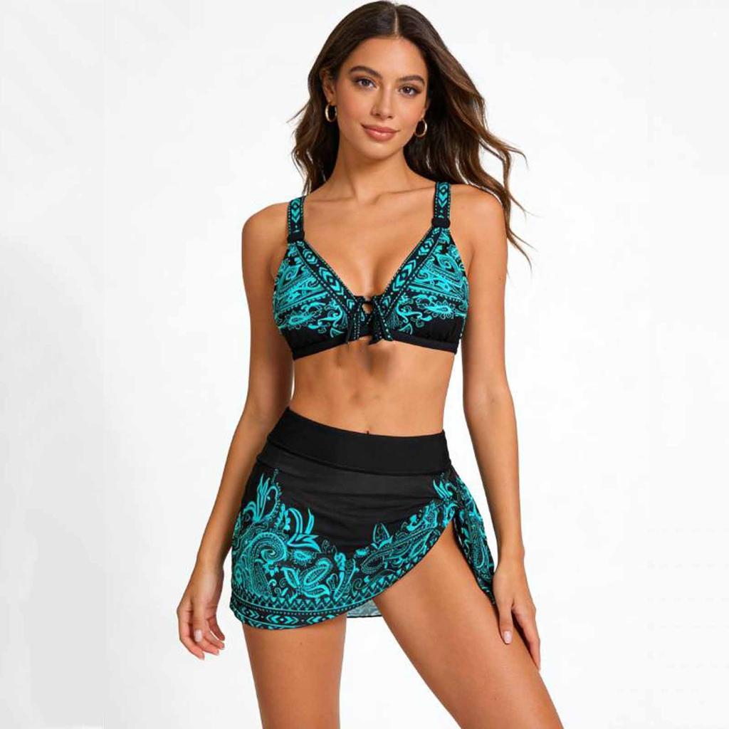 Womens Three Piece Bikini Set Ruched Gathered Swimwear Sexy 3 Piece Swimsuit with Cover Up Beach Vacation Bathing Suit