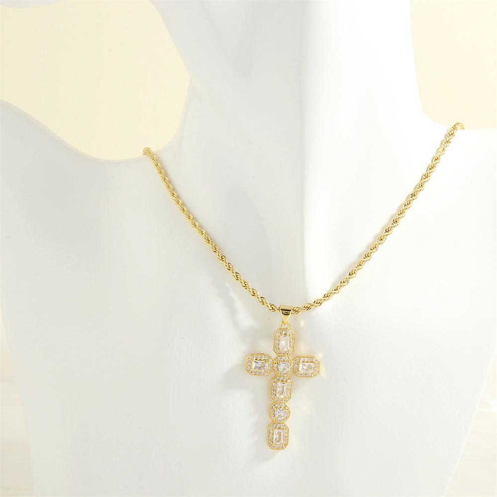 European and American Style Hip-hop Micro Inlaid Color Zirconium Cross Necklace for Women's Fashion Trend Electroplated Collarbone Chain Jewelry