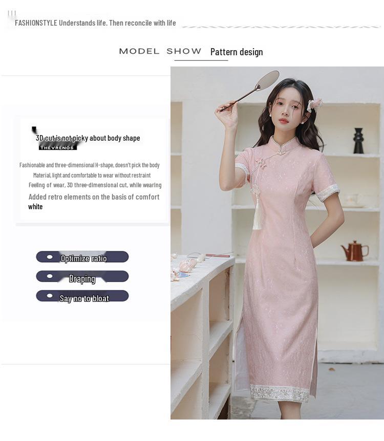 Pink Beaded Embroidered Slim-Fit Cheongsam with Press-Stud Closure