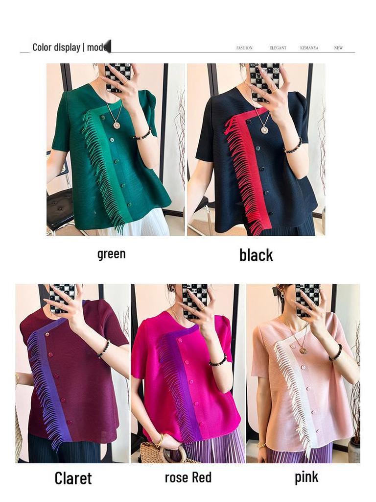 Miyake Plisse 2025 Sommer Quastenbluse - Lockere Passform, Figurformend, Bauchbedeckendes Design