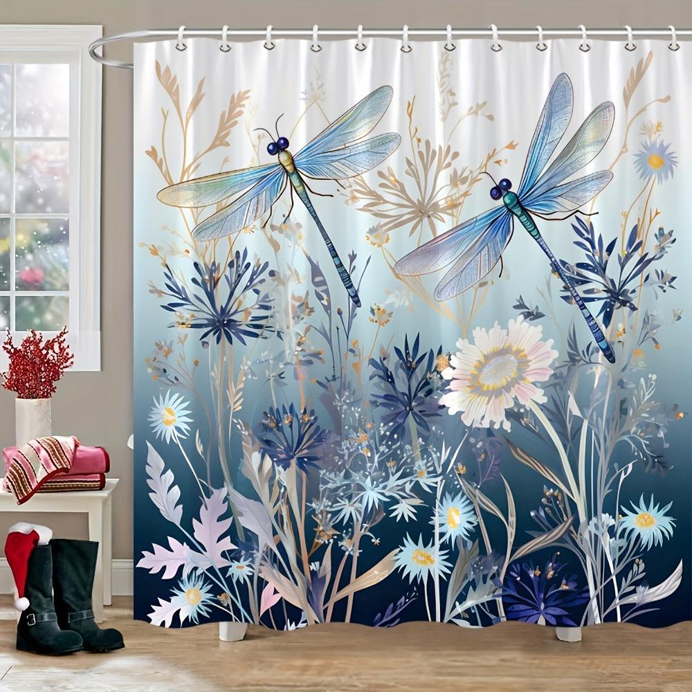 1pc Dragonfly Floral Pattern Shower Curtain, Shower Curtain with Hooks, Bathtub Partition, Bathroom Decor, Bathroom Accessories