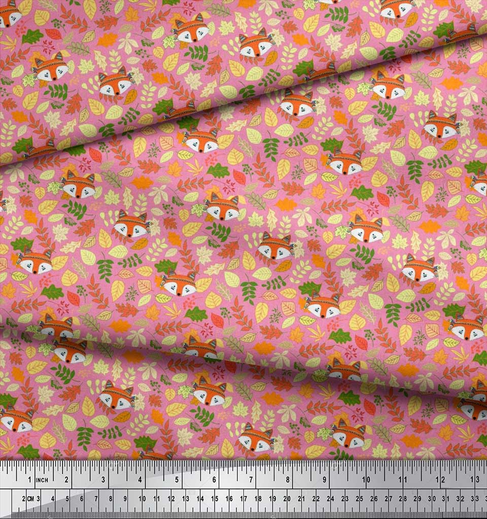 Soimoi Japan Crepe Satin Fabric Leaves & Fox Face Cartoon Printed Craft Fabric by the Metre 42 Inch