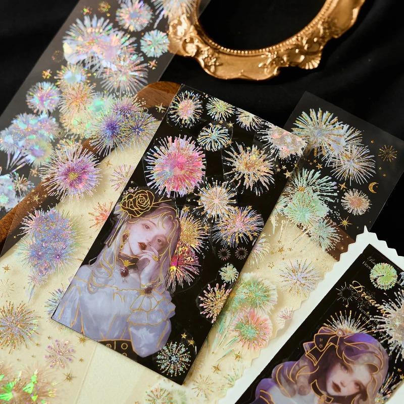 3Sheets Long Fireworks Flat PET Stickers Adhesive Diy Stick Labels Decorative Diary Album Scrapbooking Material