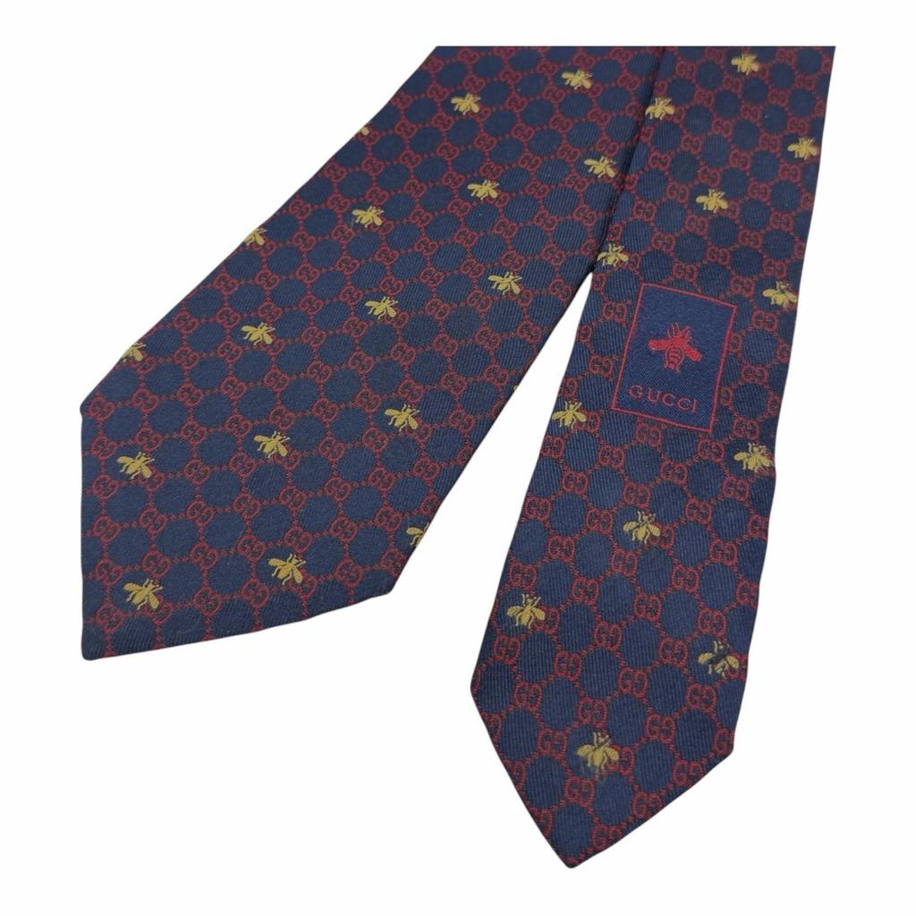 Great GUCCI tie GG logo all-over print Bee embroidery Navy silk mens 545078 Used