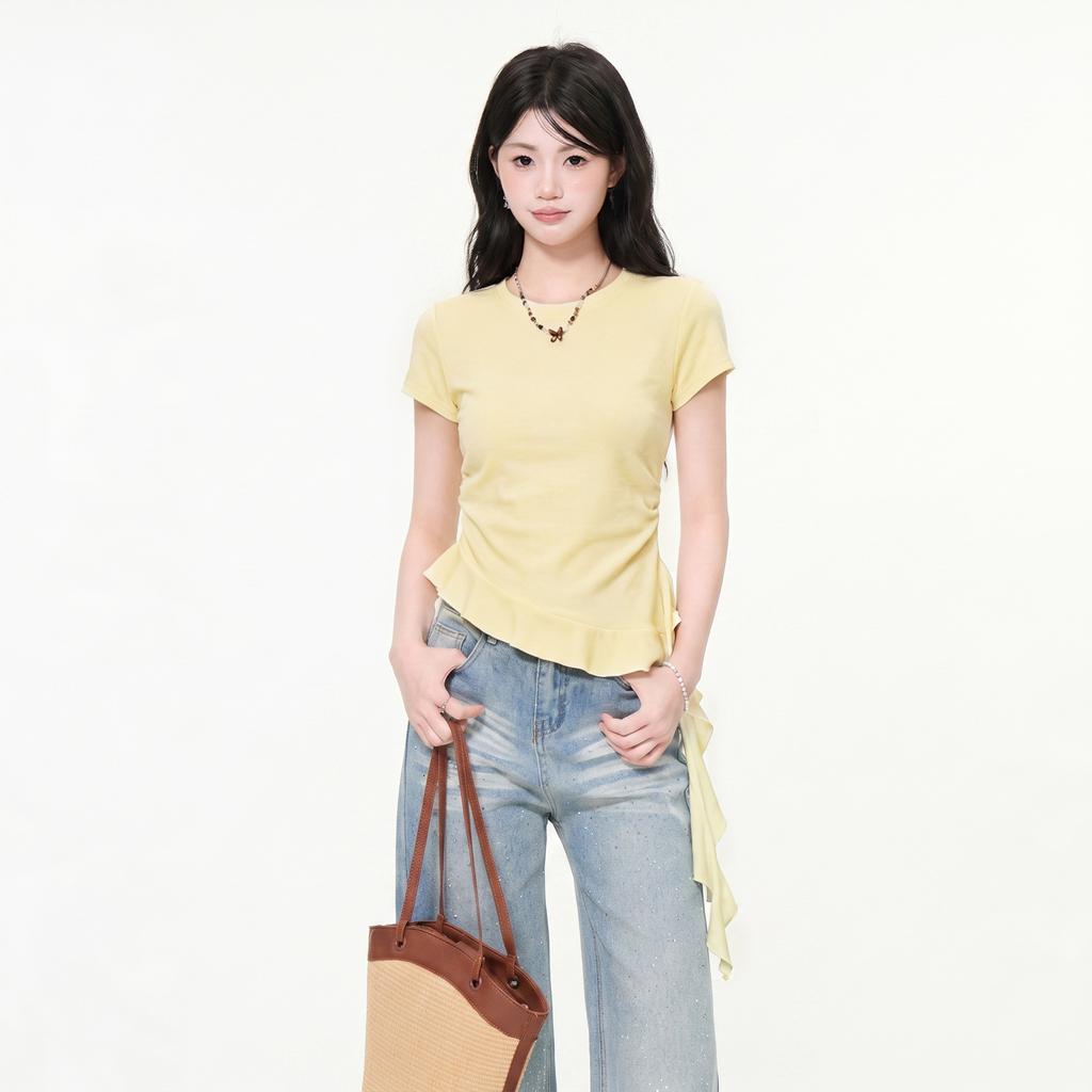 White irregular ruffle front shoulder crew neck short-sleeved T-shirt women's summer high-end spice slim top