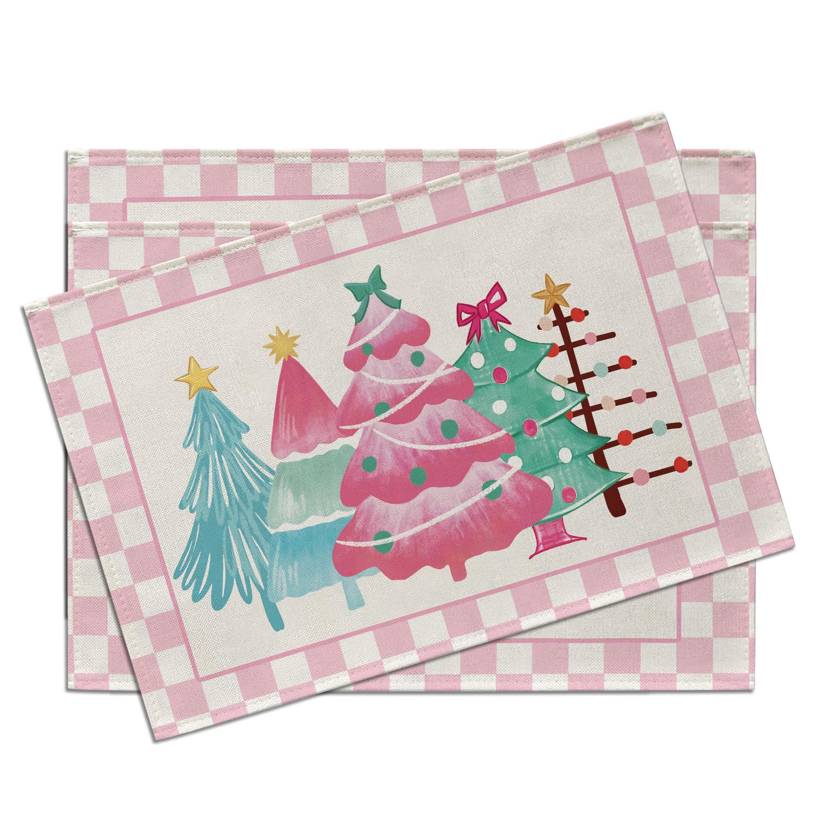 

Pink Christmas Tree Placemats Set of 4, Xmas Pine Trees Buffalo Plaid Dining Place Mats Table Decor, Winter Checkered Home Kitchen 12 x 18 Inches 4Pcs-12 X18