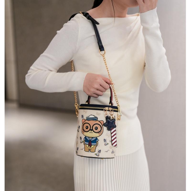 BEIBAOBAO New Cute Cartoon Cat Round Handbags High Texture PU Waterproof Women's One Shoulder Bag Popular Niche Small Basket Bags for Goddess Day Gift