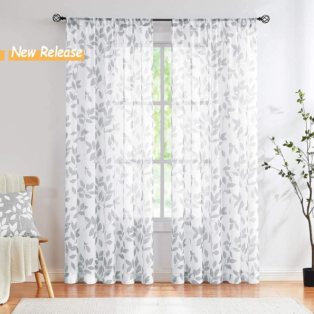 Elegant Grey Leaf Printed Curtains Suitable Living Room Daily Use Fresh Pole Type Translucent Gauze Set Of 2 Made Polyester Area Decor