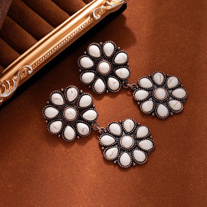 Vintage Turquoise Flower Earrings Women S Exaggerated Temperament Geometric Horseshoe Earrings Bohemian Long Ear Jewelry