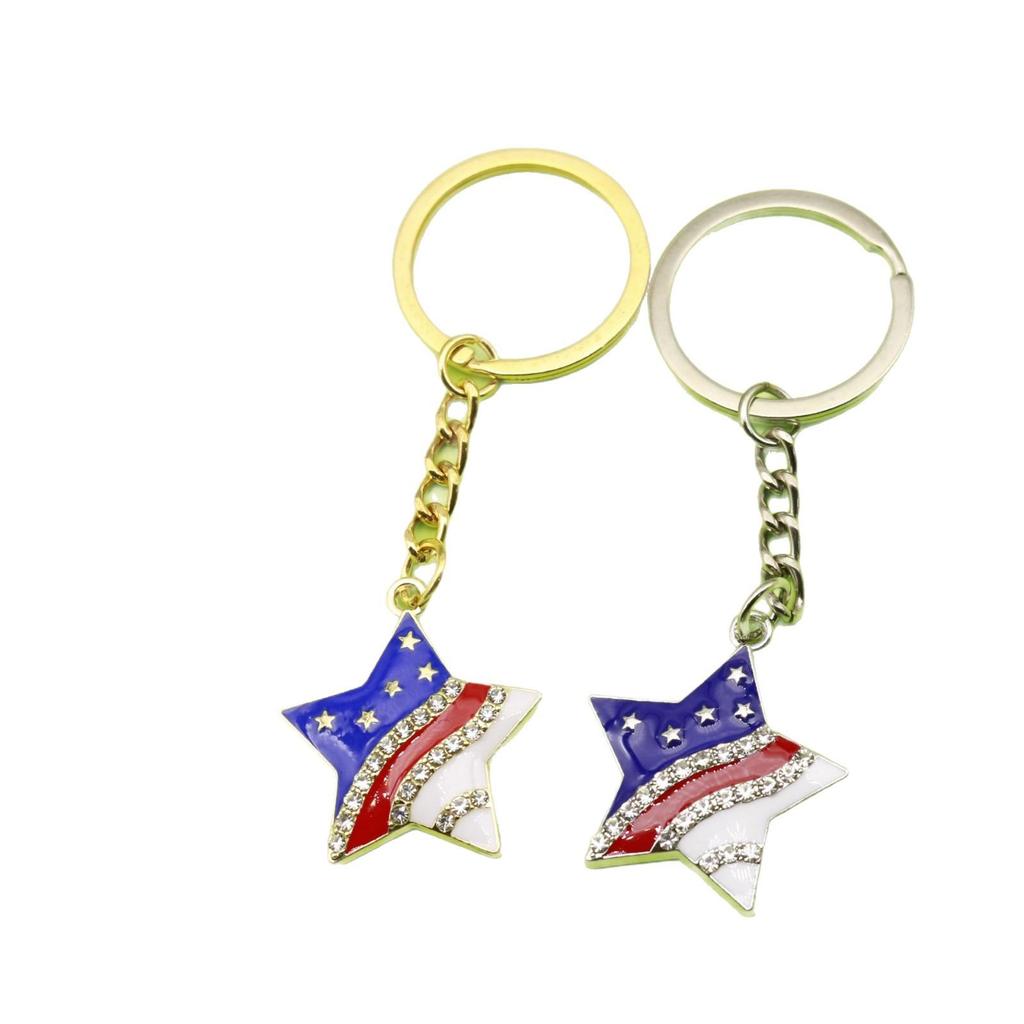 European-American Trendy Rhinestone American Flag Heart & Star Keychain Pendant