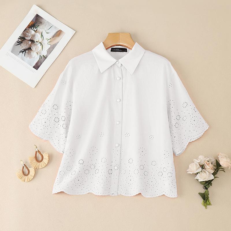 ZANZEA Women Casual Turn Down Collar Loose Half Sleeve Crochet Patchwork Blouse