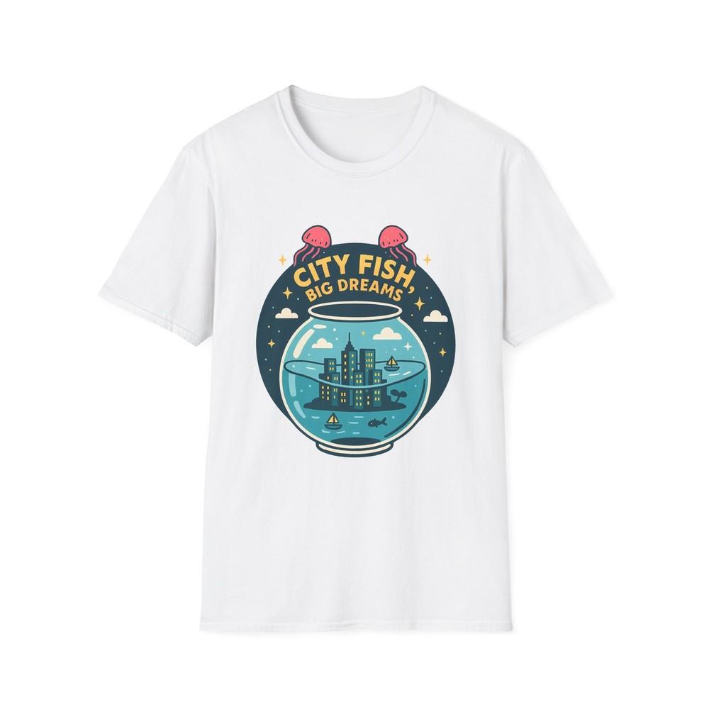 

Unisex Softstyle T-Shirt Floating Fishbowl Cityscape Jellyfish Surreal Art XL