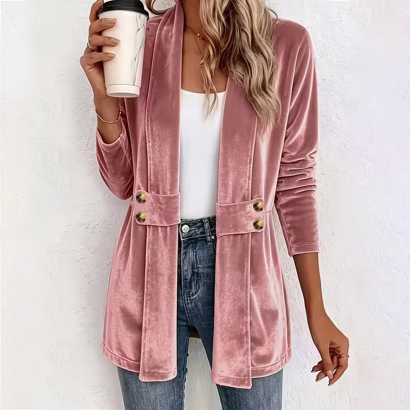 New autumn and winter women's golden velvet versatile cardigan solid color loose double-breasted medium and long coat
