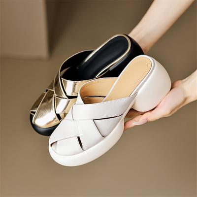 Fashion 2025 Summer Sandals Split Leather Round Toe Slippers Platform Gladiator Shoes Chunky Heels Shoes for Women Handmade High Heels