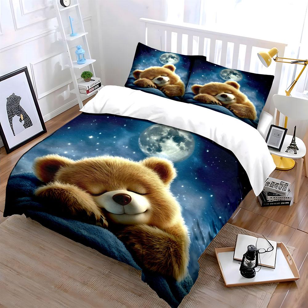 Sleeping bear under moon. Print Bedding Set 1 Duvet Cover 2 Pillowcases for Adult and Children Luxury Gift Full Size