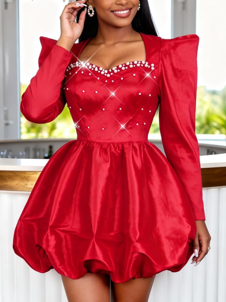 AOMEI Glossy A Line Mini Dress Sweetheart Neck Pearl Beaded Balloon Hem Gowns for Cocktail Party Birthday