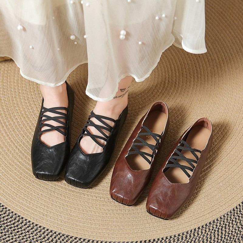 Crossover with Soft Sole Single Shoes Autumn New Square Toe Shallow Mouth Slip-on Non-slip Wear-resistant Flat Shoes