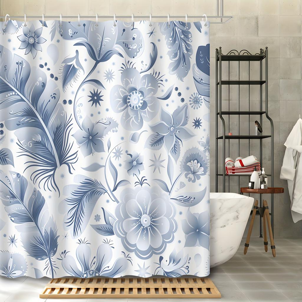 1pc Abstract Feather & Floral Print Shower Curtain - Vivid Blue & White Polyester Fabric, Machine Washable, With Hooks