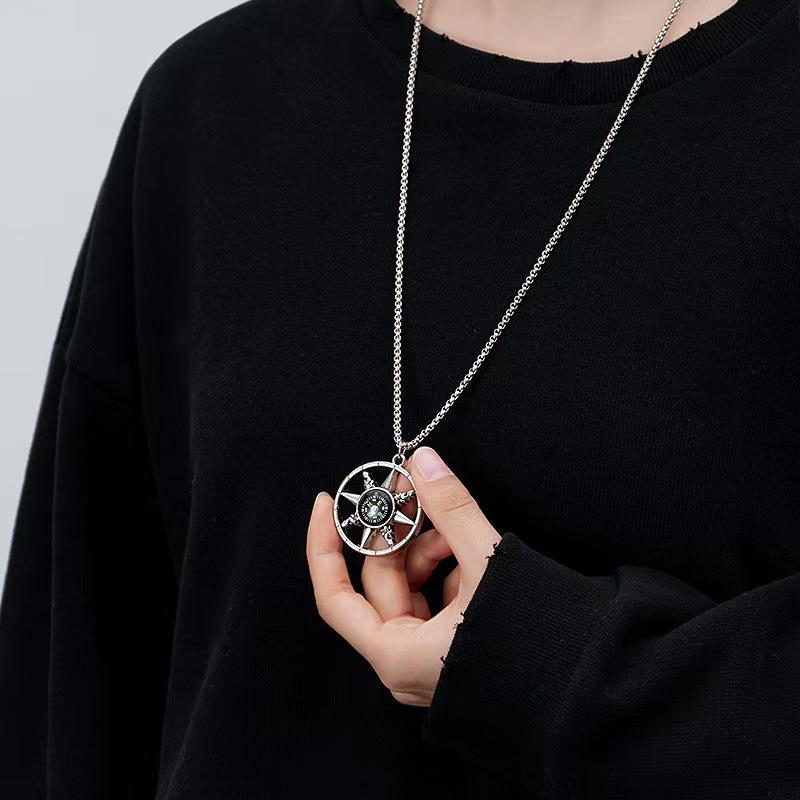 Influencer Style Men's Hip Hop Compass Pendant Necklace - Trendy Stainless Steel Sweater Chain