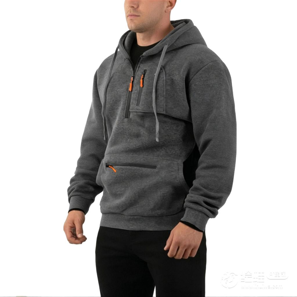 Pánská sportovně ležérní jednobarevná mikina s kapucí, Pánská pracovní mikina s polovičním zipem, volná fleecová pulovrová bunda s více kapsami