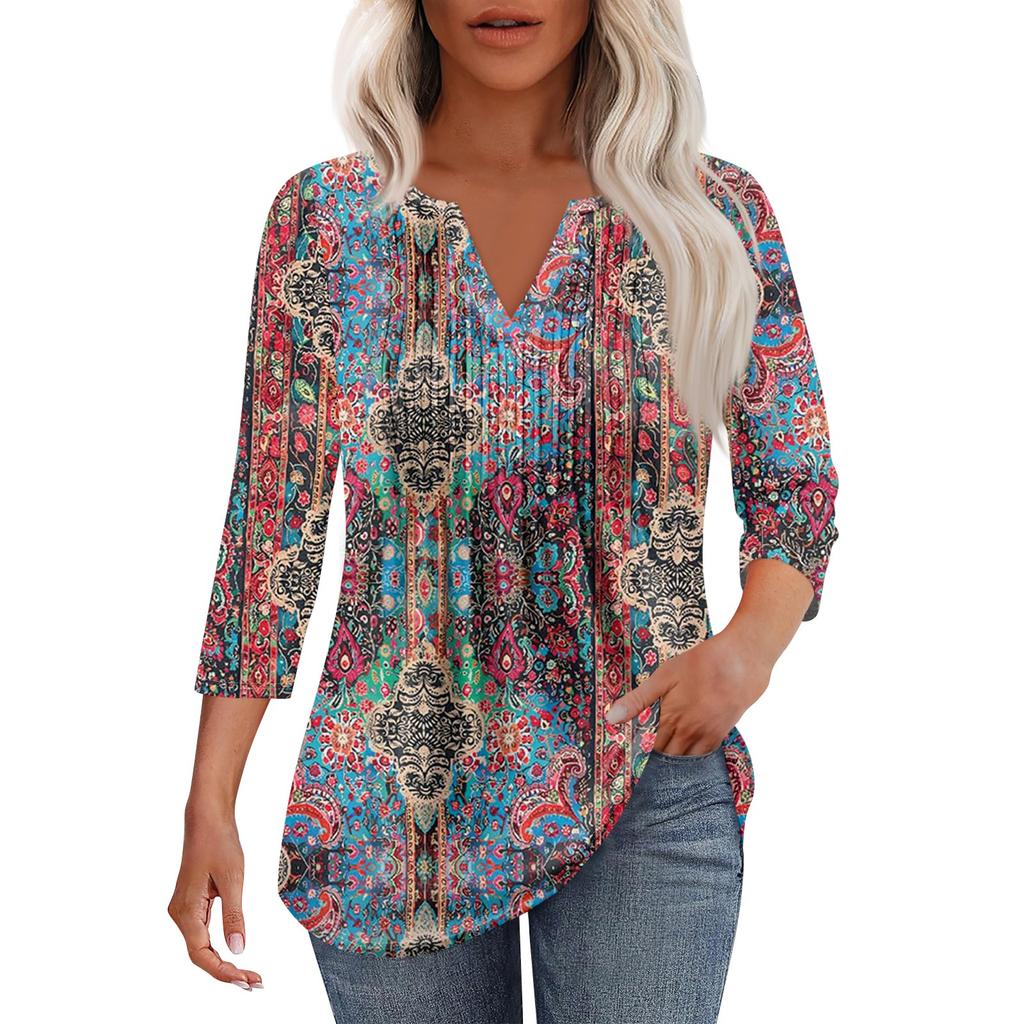 Damska modna, swobodna, plisowana koszulka z dekoltem w serek i jednolitym kolorem, z rękawem 7/4