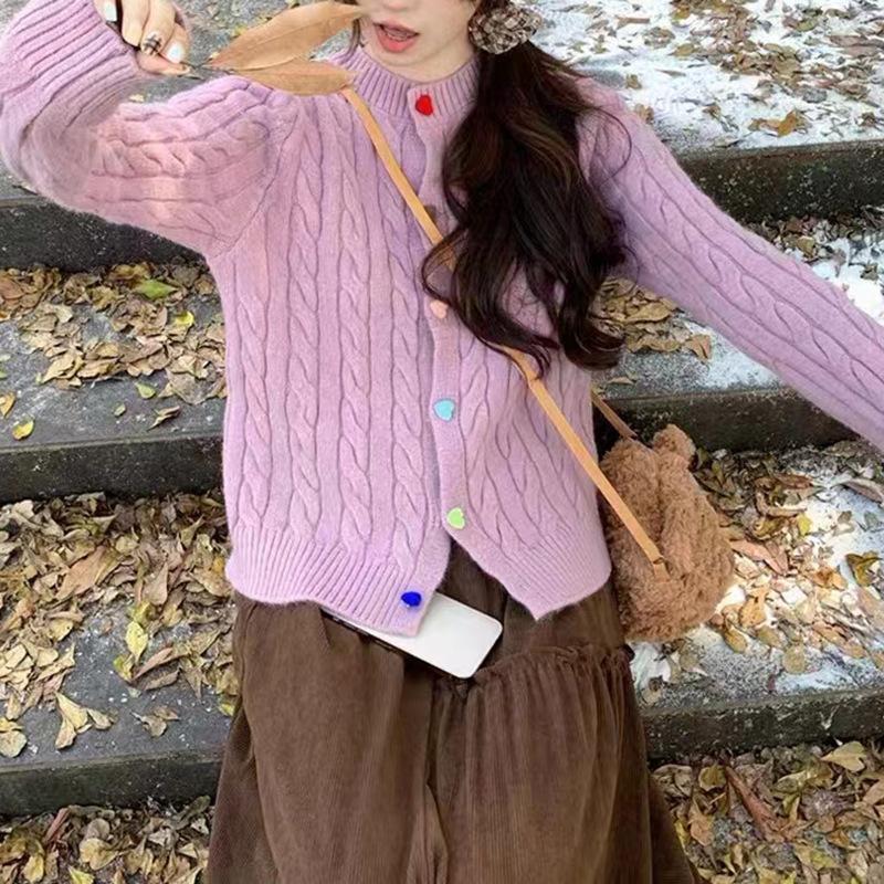 2025 Autumn Winter Women Knit Cardigan Sweet Heart-shaped Colorful Buttons Twisted Texture Slim Retro Casual Small Fragrance Style Sweater Coat
