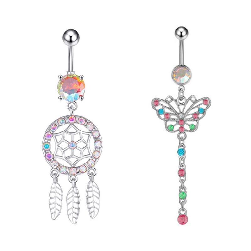 Color Zircon  Belly Button Ring  Creative Heart Shape Butterfly Pendant Navel Piercing For Women Sexy Body Jewelry