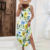 Women Sleeveless Floral Print Casual Loose Fit Long Dress Round Neck Side Slit Summer Maxi Dress for Daily Wear