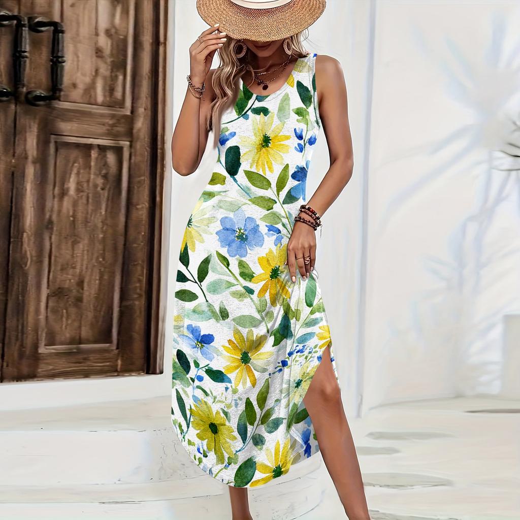 Women Sleeveless Floral Print Casual Loose Fit Long Dress Round Neck Side Slit Summer Maxi Dress for Daily Wear