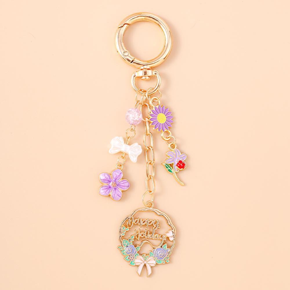 Cute Enamel Flower Butterfly Keychain Women Girls Beads Pearl Key Ring Pendants for Handbag Decor DIY Handmade Jewelry Gifts