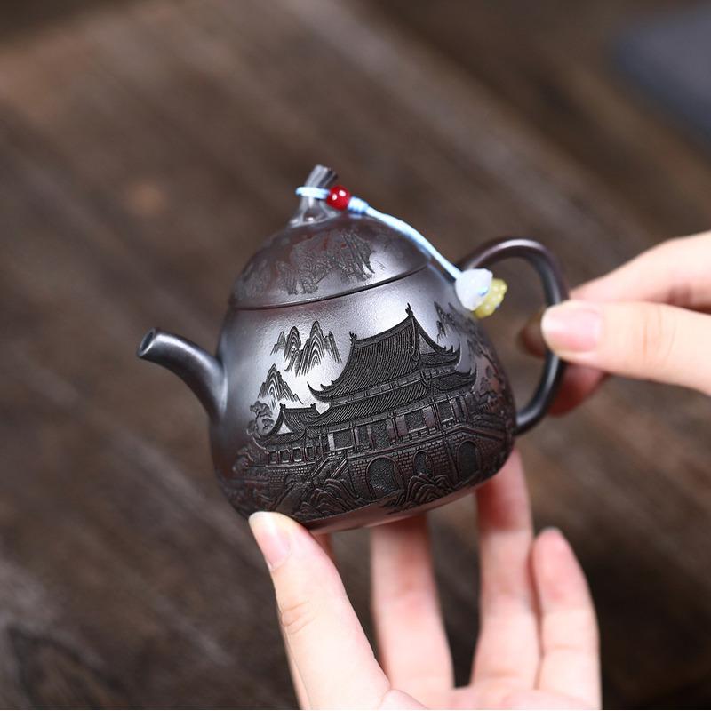 

160ml Yixing Purple Clay Teapots Handmade Eggplant Pot Raw Ore Antique Brass Mud Tea Infuser Kettle With Strainer Zisha Tea Set