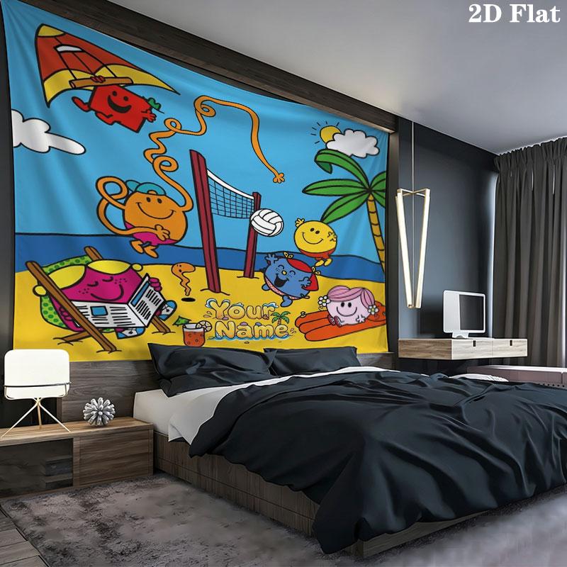Mr. Men Little Miss Custom Name Wall Tapestry Aesthetic Wall Hanging Printed Fabric Blanket Decorative Tapestries for Bedroom Living Room Home Decor