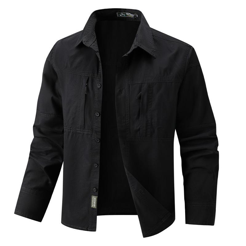 Double Zipper Large Pocket Autumn New Men's Work Clothes Long Sleeve Shirt Large Size Pure Cotton Middle-aged and Young Shirt Thin