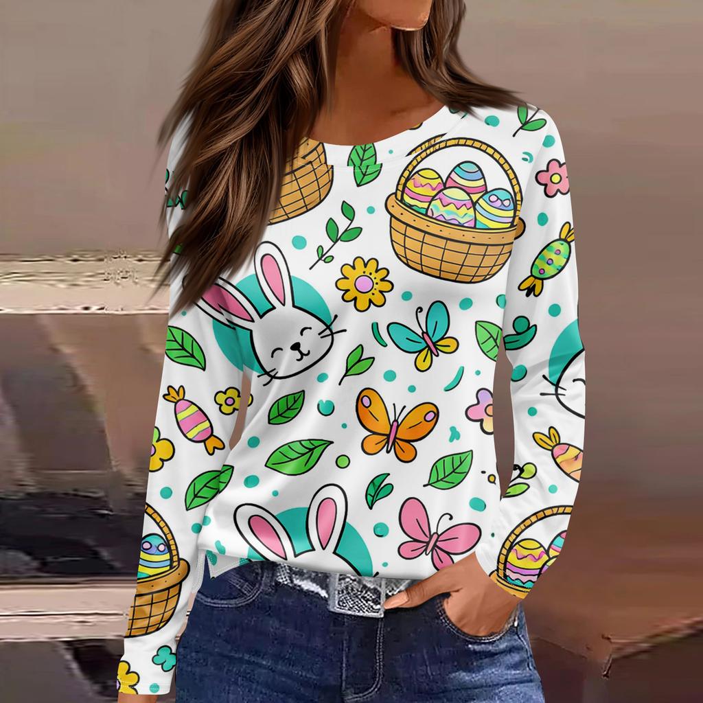 Women's Fashion Casual Slit Hem Round Neck Long Sleeve Loose Printed T-Shirt Ladies Top