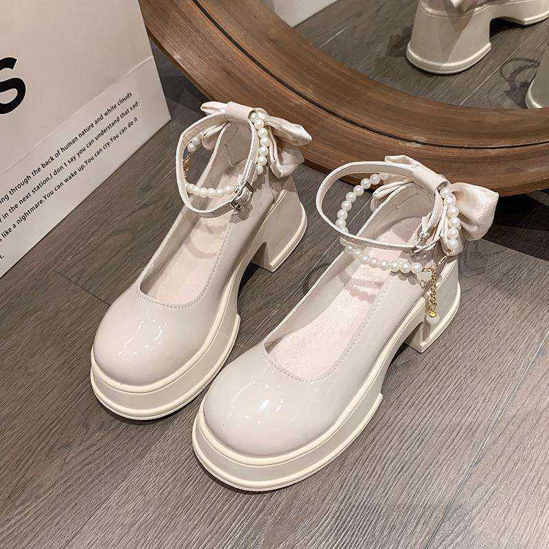 Fashion Women Thick Platform Mary Janes Lolita Shoes Party Pumps Summer Heels Oxford Shoes Vintage Womens Pumps Shoes Bow Chain Tacones