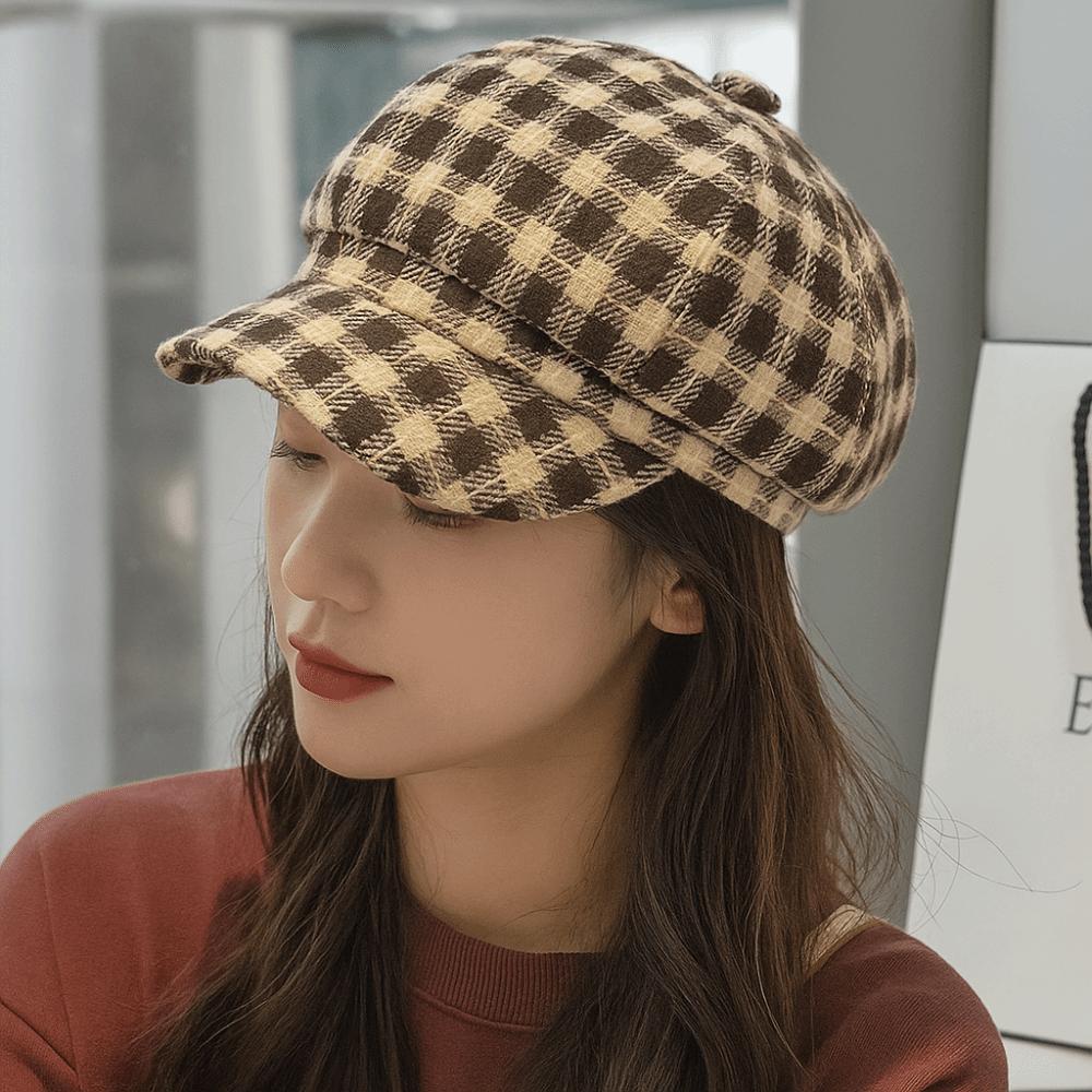 Korean Style Women Painter Hat Keep Warm Women Octagonal Cap Sweet Plaid Beret Hat  Girl