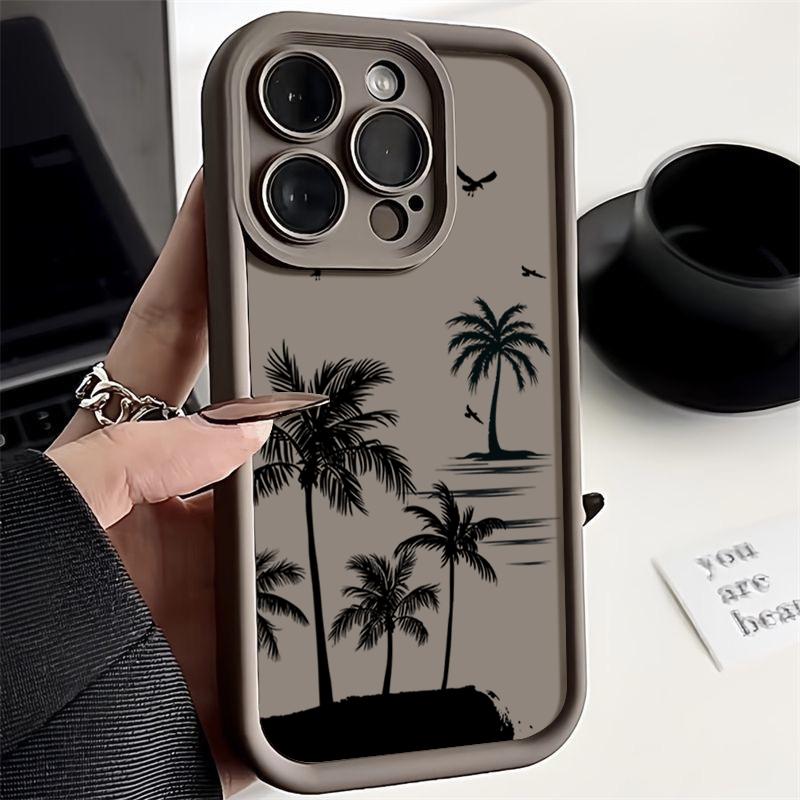 Coconut Tree Pattern Matte Phone Case For iPhone 16 Pro Max 15 Pro 14 13 12 11 Lens Protection Shockproof Soft TPU Bumper Cover