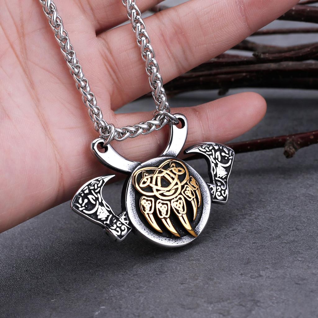 Stainless Steel Viking Bear Claw Axe Necklace Mens Nordic Amulet Pendant Vintage Jewelry Gift for Men