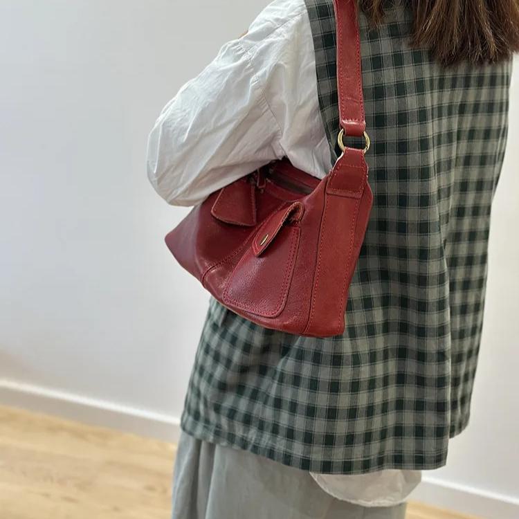Johnature Genuine Leather Casual Women's Bag Soft Cowhide Solid Color Versatile Shoulder Crossbody Bag