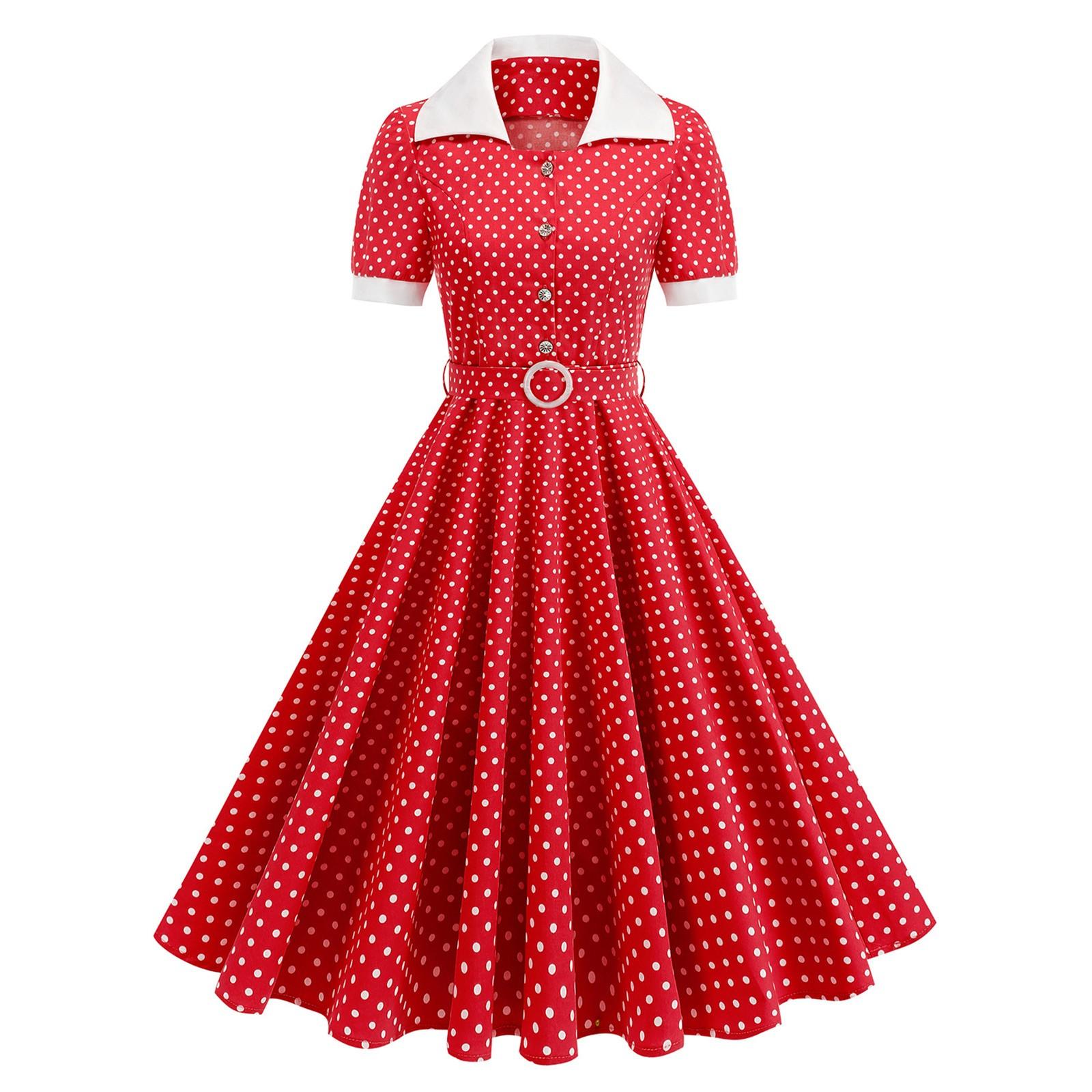 

Женское приталенное платье миди с контрастным лацканом, в горошек, с открытым воротником, на шнуровке, расклешенное M красный