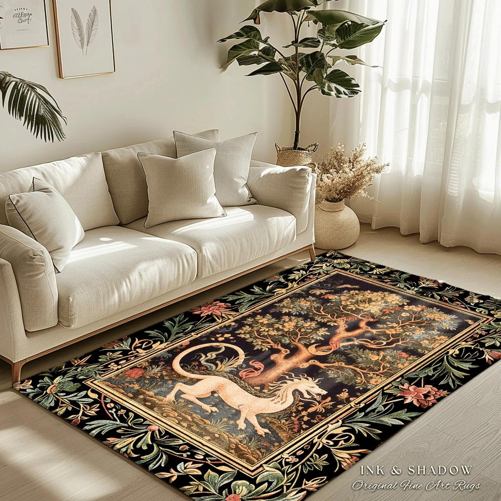 Tappeto Drago Medievale Arredamento Casa Nordico Stile Morris Estetica Camera da Letto Massimalista Regalo per Goth Cottagecore Bosco Arte del Drago
