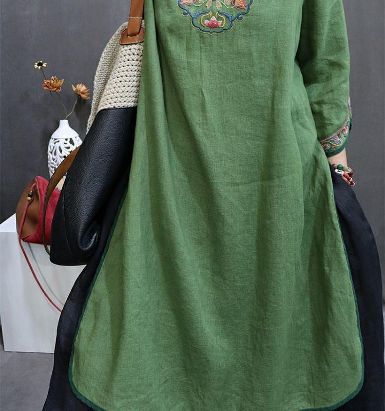 Rochie Qipao de Vară Stil Chinezesc Bumbac In cu Mânecă de Șapte Puncte Lungime Medie cu Decupaj Rochie Vintage cu Broderie Etnică