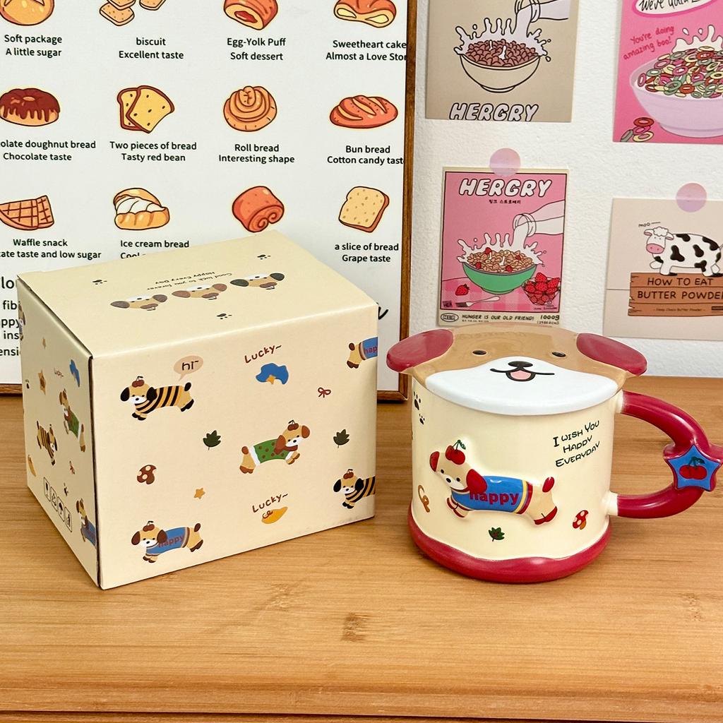 Smart Dachshund Dog Ceramic Cup Mug with Lid Student Water Cup Home Souvenir Birthday Gift Couple Cup