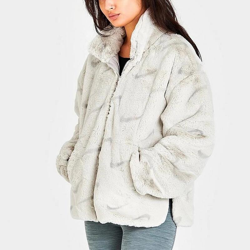 Nike Womens Plush Printed Faux Fur Jacket Light Bone Women Streetwear DQ6842-072