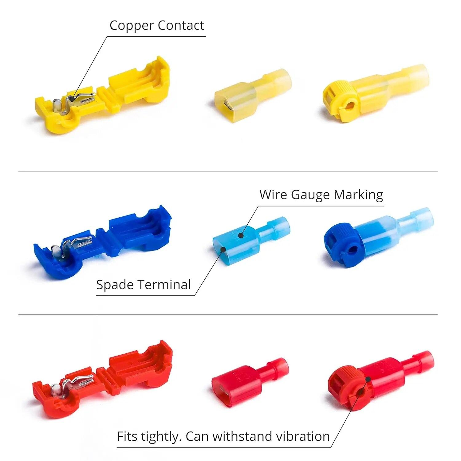 

100pcs/50pairs T-Tap Wire Connectors, T Tap Electrical Connectors Quick Wire Splice Taps and Insulated Male Quick Disconnect