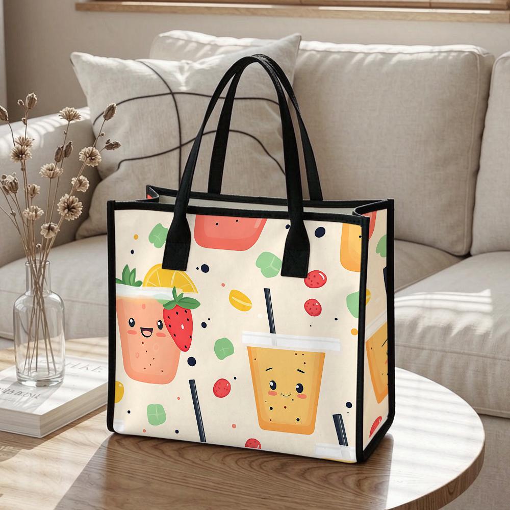 Cute Drink Pattern Tote Bag Casual Large Capacity Shopper Bag Durable Daily Use Handbag