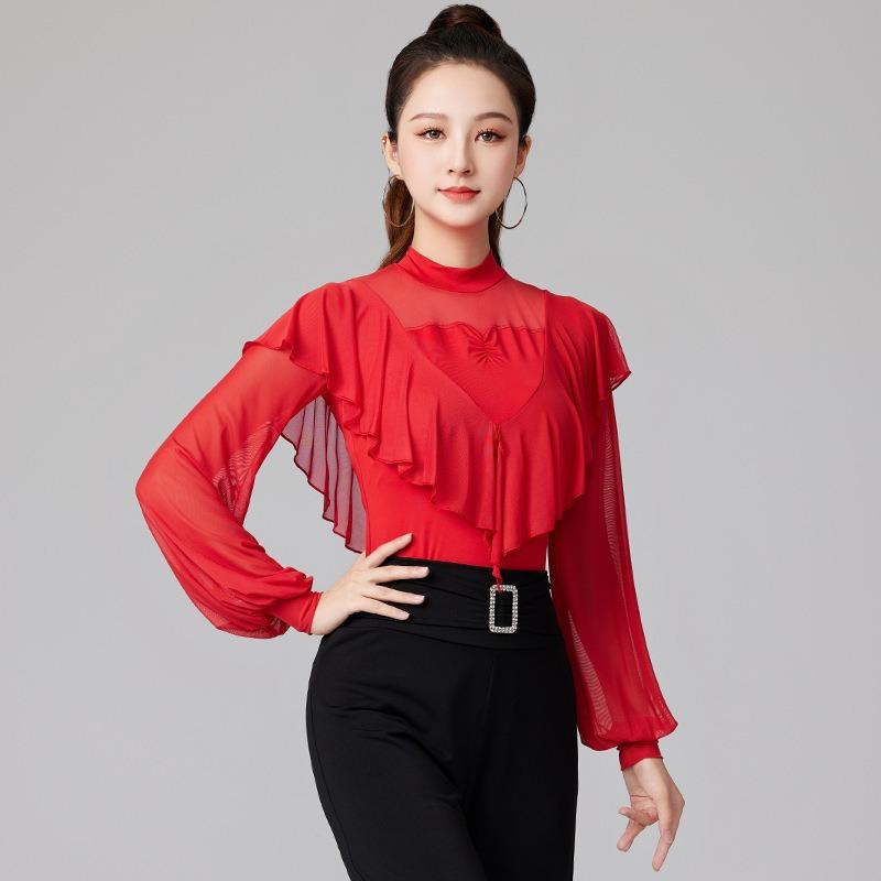 Women Summer Party Dress Latin Dance Flounce Neck Adult Practice Long Sleeve Performance Costume