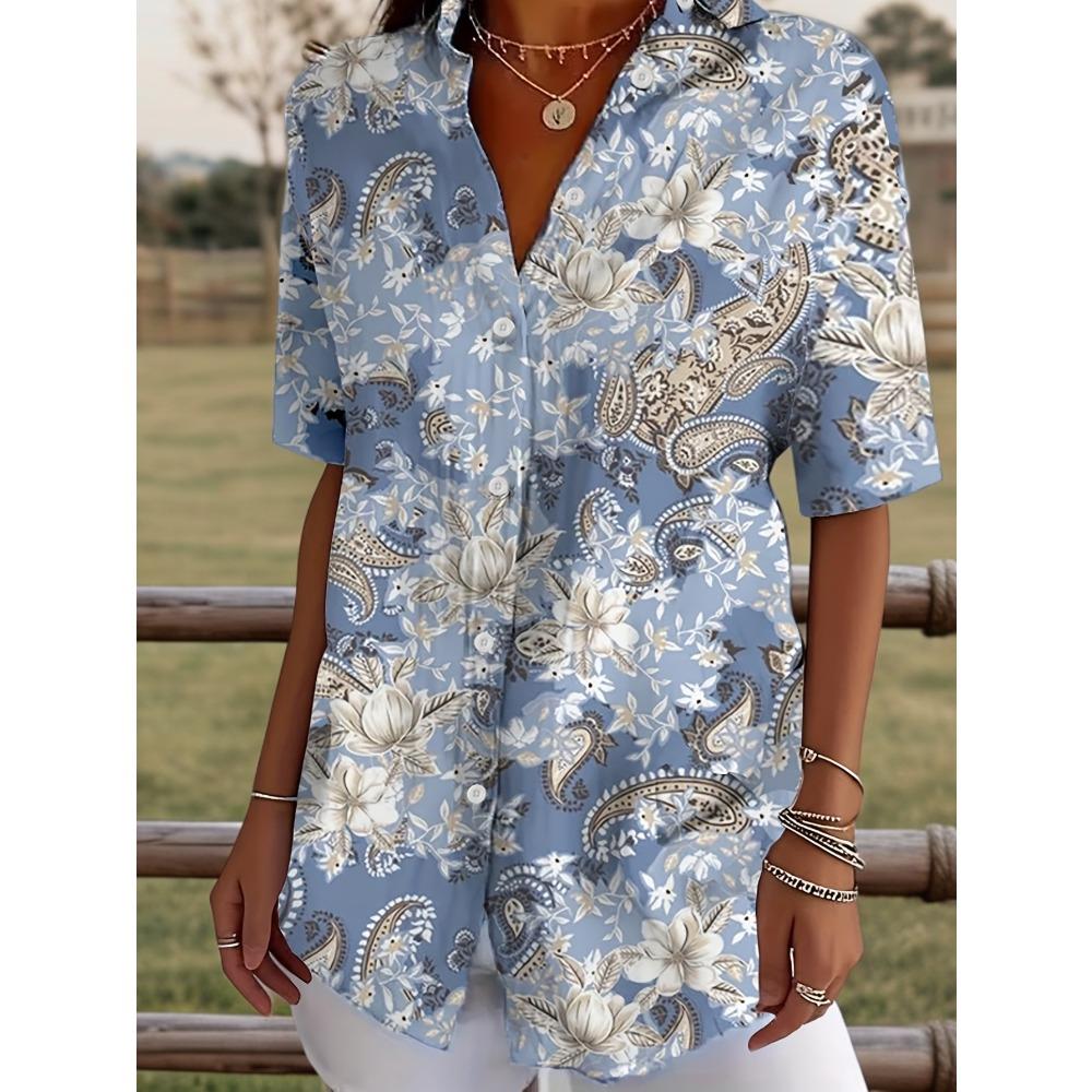 Plus Size - Plus Size - Vintage Paisley Floral Print Women S Plus Size Button-Up Short Sleeve Hawaiian Vacation Shirt S