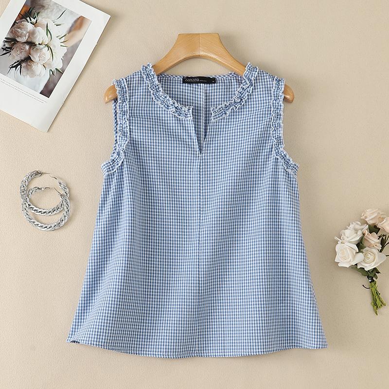 ZANZEA Canottiere Casual da Donna con Scollo a V, Stampa a Quadri, Vestibilità Larga, Senza Maniche