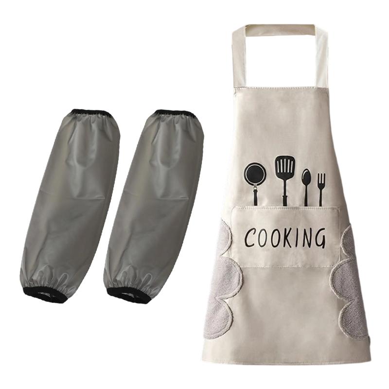 Waterproof Oilproof Apron and Oversleeves Can Wipe Hands Cooking Housework Cleaning Aprons Dirt-resistant Apron Sleeves Sets